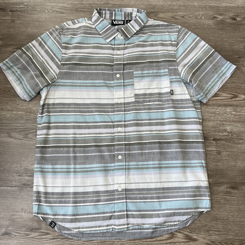 Vans Striped Button Down Shirt Mens Medium Blue Grey Short Sleeve Casual Skate